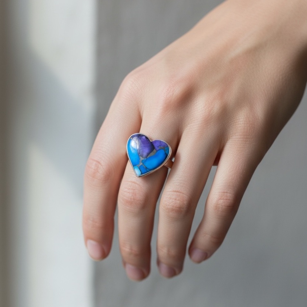 925 Sterling Silver Kingman Blue Purple Turquoise Dahlia Heart Shaped Ring 7.5